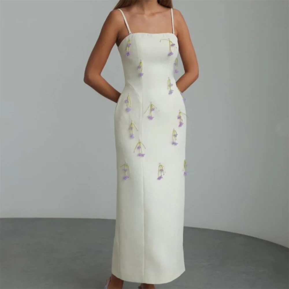 Customized White Straight Prom Dresses Tea-Length Spaghetti Strap Sleeveless Evening Gown Fashion Beading Sexy Backless