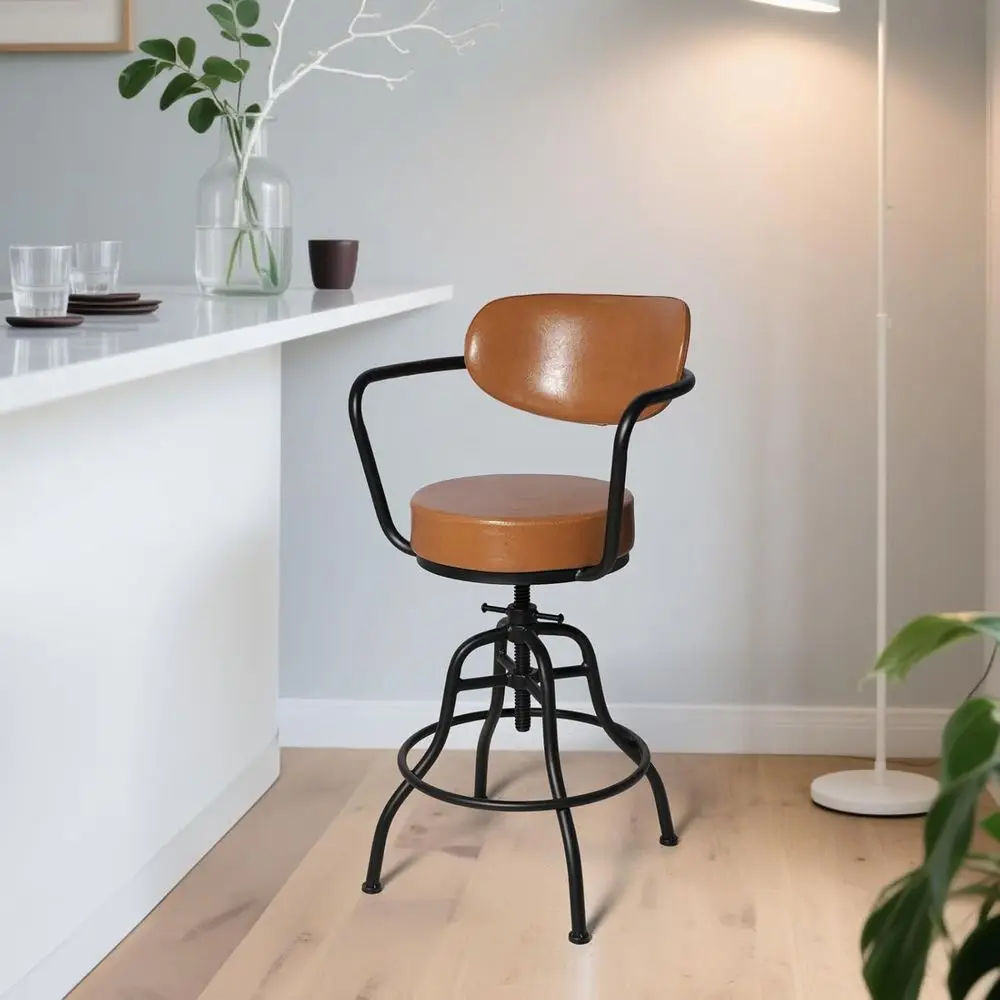 مقعد مرتفع قابل للتعديل من الجلد البني العتيق مع مسند ظهر منجد، 21.65-26 #3