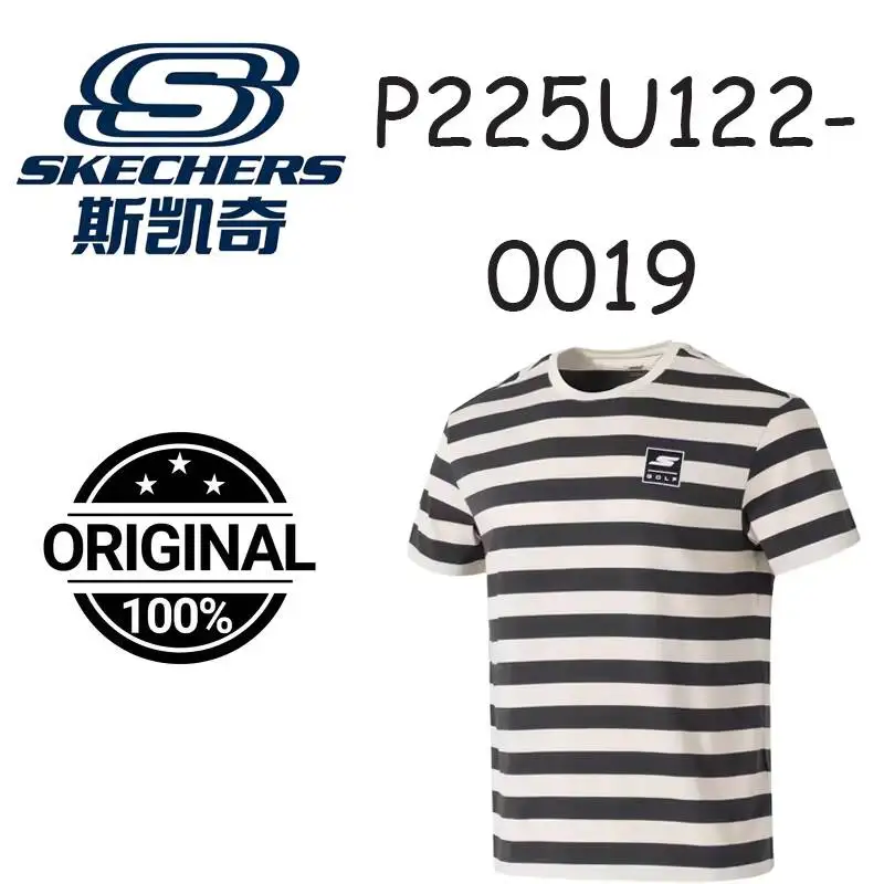 Skechers  Short Sleeve T Shirt Striped Crew Neck Small Chest Patch Casual Cotton Tee Bright White P225U122-0019 Latest model