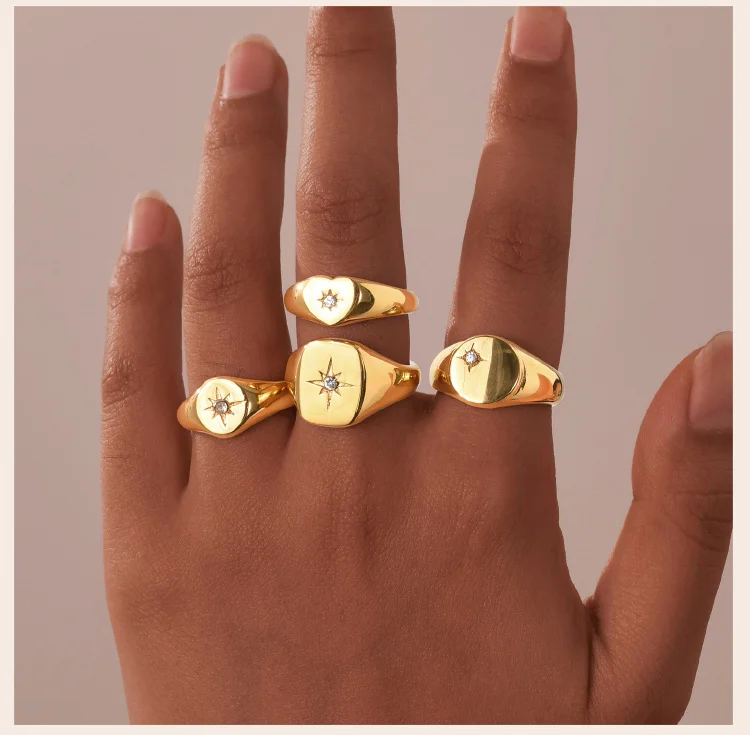 Sunshine Signet Pinky Ring aus Edelstahl, Zirkonia-Inlay-Ring vergoldet, nicht anlaufender Modeschmuck – Detail 4