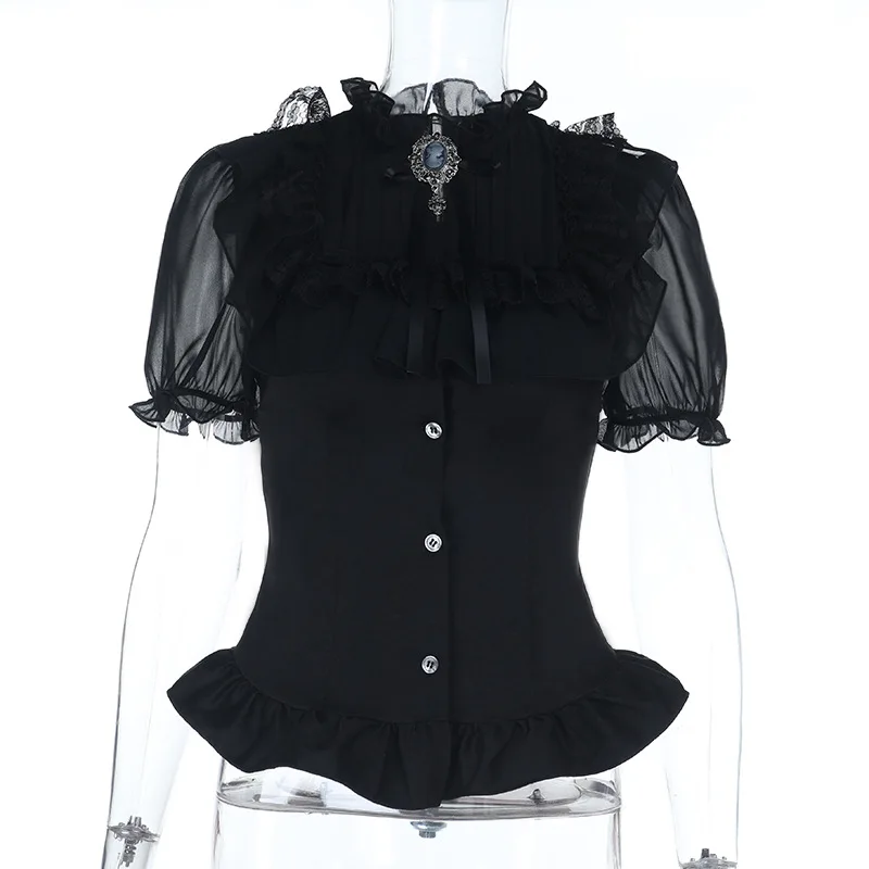 고스 다크 싱글 브레스티드 고딕 블라우스 셔츠 여성 할로윈 의상 몰 고스 메쉬 버블 슬리브 셔츠 탑 슬림 코스프레