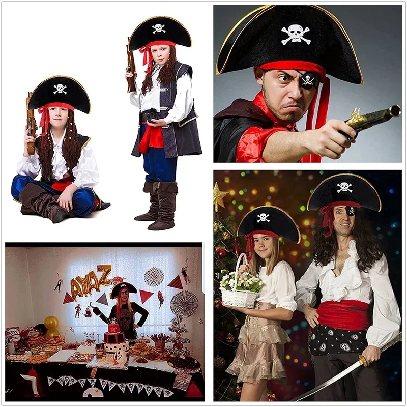 Chapeau de Pirate noir et rouge, accesorios de disfraz de capitaine de pirata, casquette de crâne imprimé