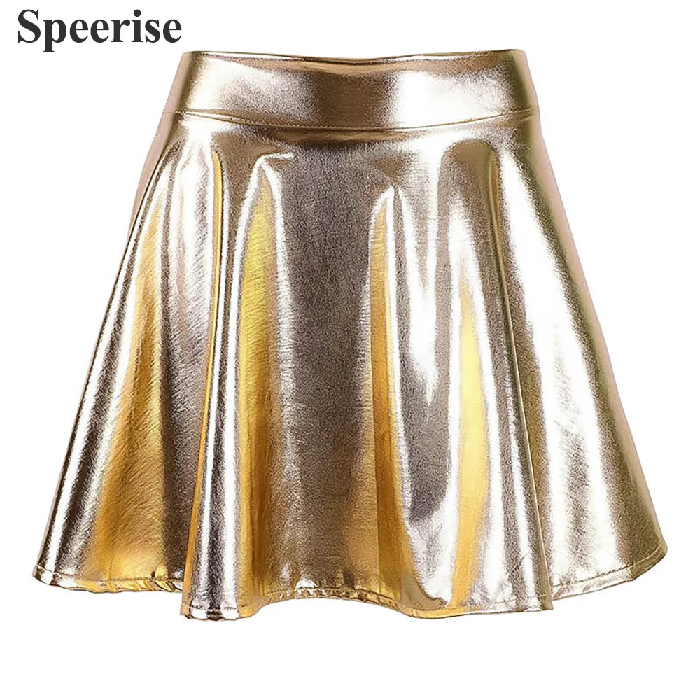 

Speerise Adult Shiny Metallic Skirt Women Sexy PU Leather Club Party Dance Holographic Pleated Skirts Carnival Festival Sparkly