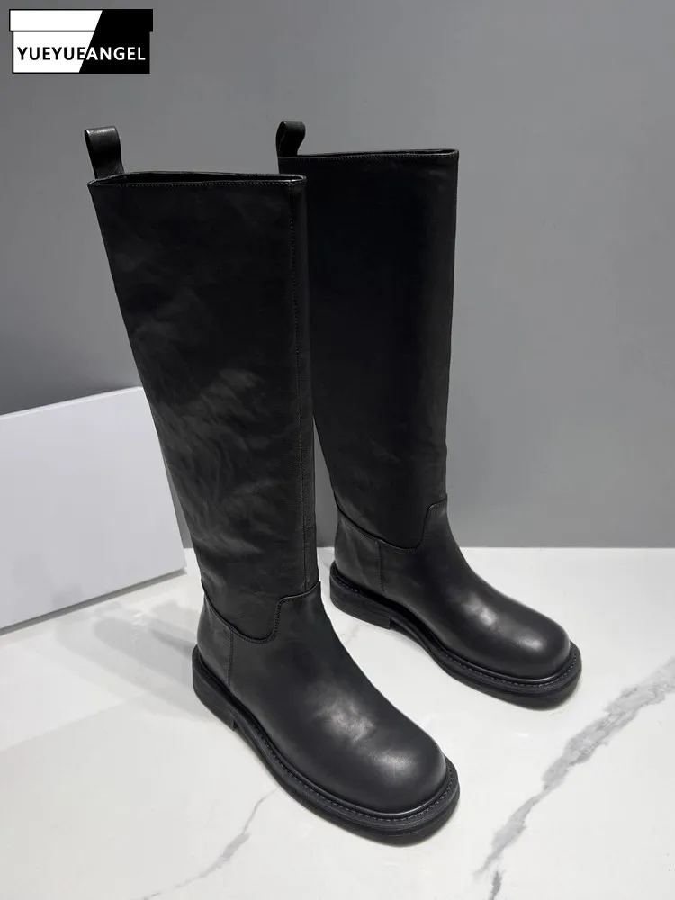 Fashion Women Cowhide Genuine Leather Knee High Boots Round Toe Slip On Motorcycle Riding Safety Shoes Punk Style High Top Boots