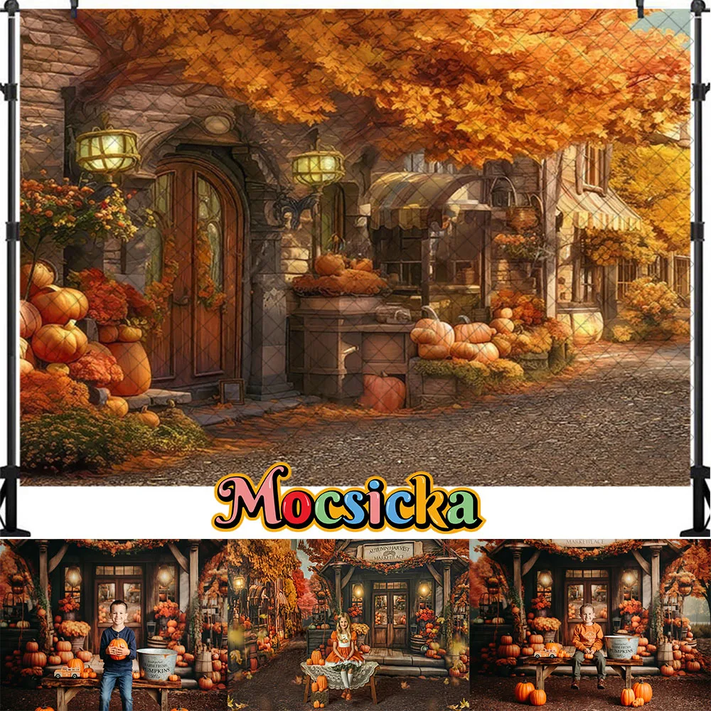 Mocsicka Autumn Street Photography Background Children Adult Photo Props Baby Birthday Autumn Farm Halloween Pumpkin Background