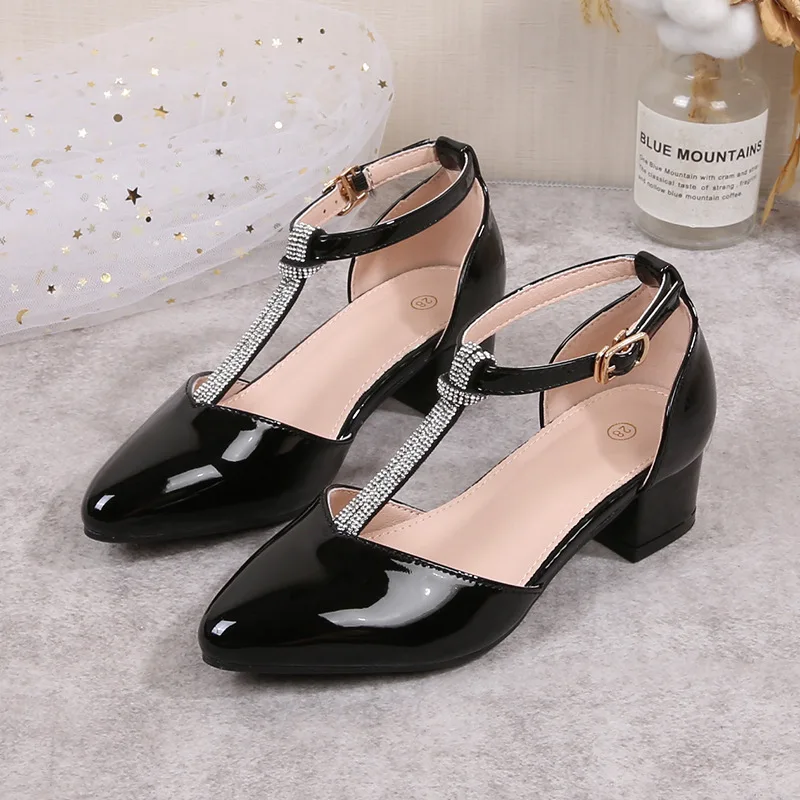 Pointed Toe Gold Shoes Kids Girls Heels Party T-strap Golden Princess Girl Shoes Wedding Heeled Dancing Shoes for Girls Gold New