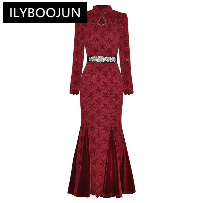 

ILYBOOJUN Fashion Designer Autumn Mermaid Dress Women Disc Buckle Long Sleeve Belt Velvet Patchwork Vintage Hollow Out Dresses