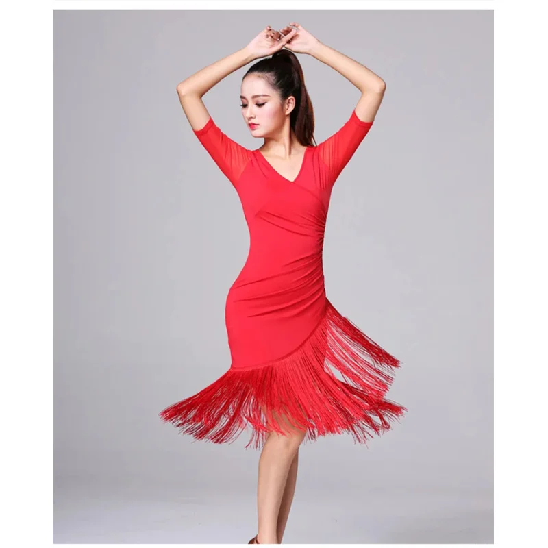 New Ladies Latin Dance Dress Women Black Stage Costumes Tassel Salsa V-Neck Rumba/Samba Salsa Perform Fitness Dancewear