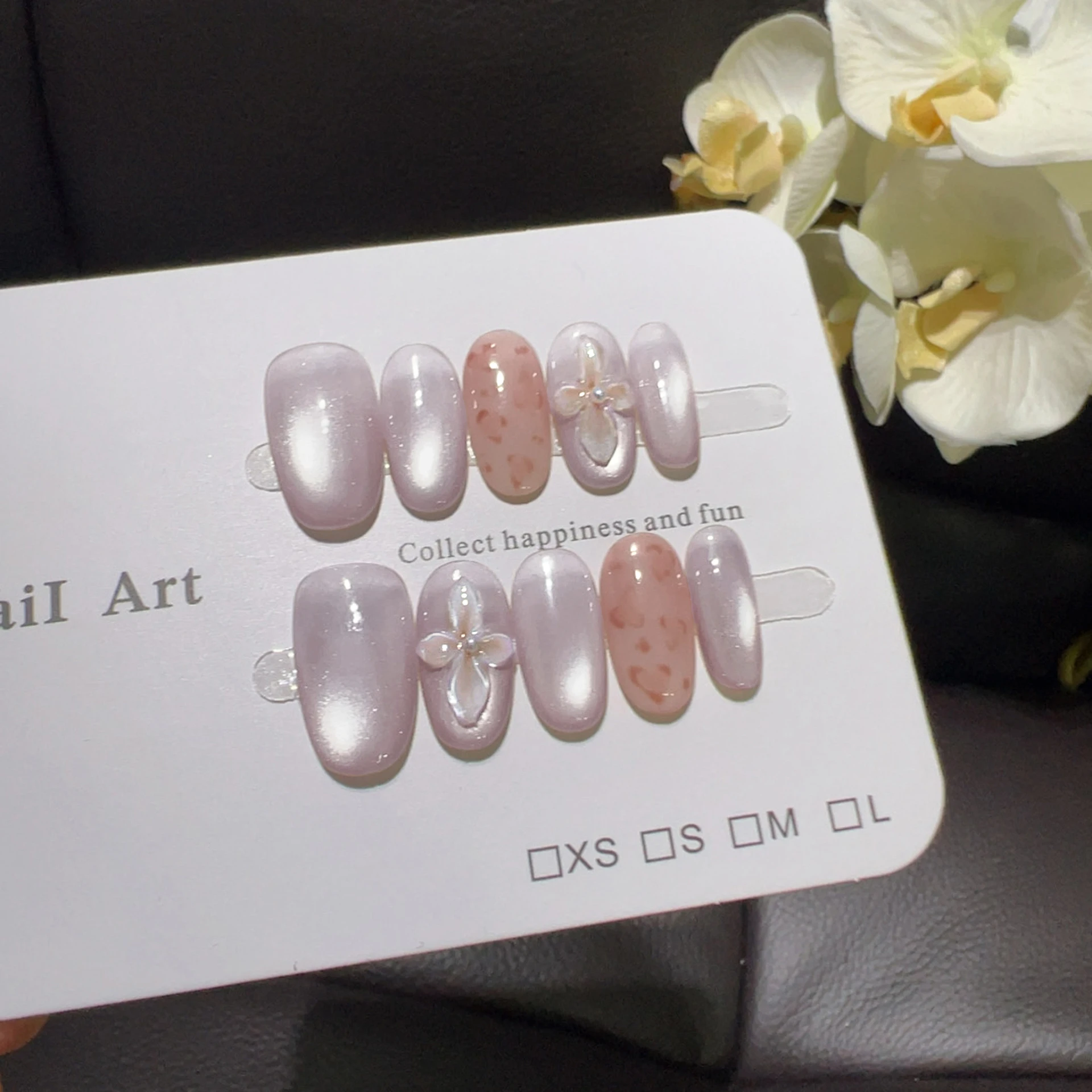 10pcs Fantasy Purple Pink Handmade Nails Tips Flower Short Oval False Nail Art with Gilded Pearl Design Press on Nails Fake Nail