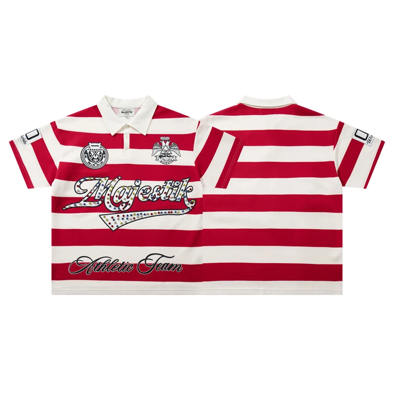 2026 New Men's Women's MAJESTIK T-Shirts American Street Fashion Brand Embroidered Diamonds Red White Stripes Short Sleeve