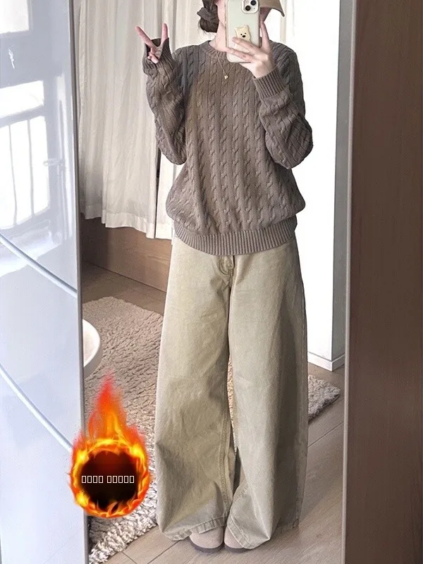 

Ретро-джинсы американского стиля цвета хаки с флисовой подкладкой, прямые, свободного кроя, утепленные, для женщин, с высокой талией, повседневные, для зимы