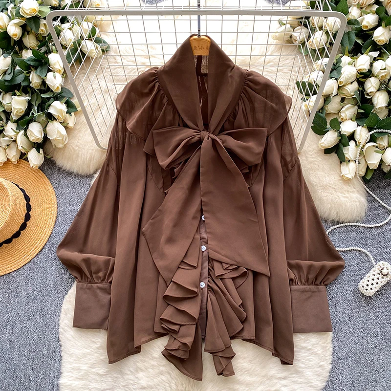 French Elegant Ruffled Long Sleeved Chiffon Shirt for Women Spring Autumn New Fashionable Plus Size Bow Collar Blouse Top T107