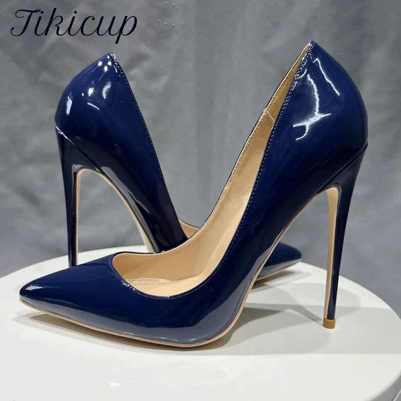 Tikicup Women Navy Blue Patent Pumps Low Cut Pointy Toe Stilettos Elegant Ladies Formal Slip On High Heels Fashion Dress Shoes