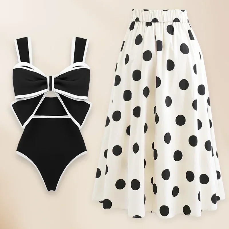 

New Retro 3D Flower Black and White Bow-tie Decoration One Piece Swimsuit and Skirt Summer Swimwear Women Beachwear