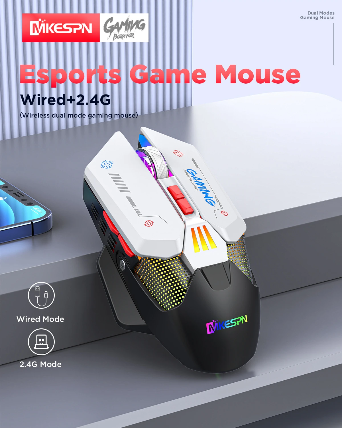 W19 Dual Mode Gaming Mouse Wired+2.4G Wireless RGB Backlight 10000DPI Type-C Rechargeable Ergonomic Mouse