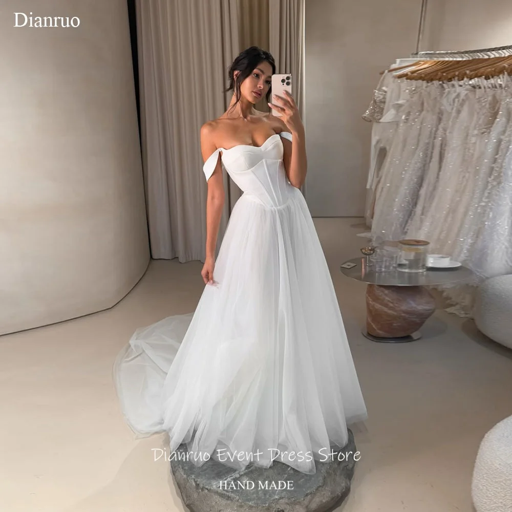 Dianruo A Line Off Shoulder Wedding Dresses Minimalist Pleated Tulle Vestido Novia Handmade Civil Robe De Mariée Customized