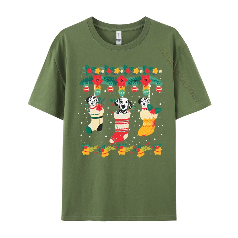 Dalmatian Christmas Socks XMas Light T-shirt Cotton Men Top T Shirts Customized Tees Green And White Graphic T Shirt