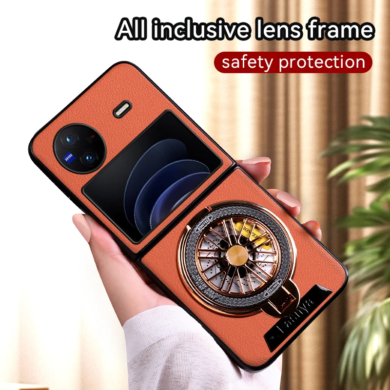 

Metal Leather Texture Soft Phone Case for Vivo X Flip Shockproof Matte with Rotating Holder Back Cover Protection Cover Shell