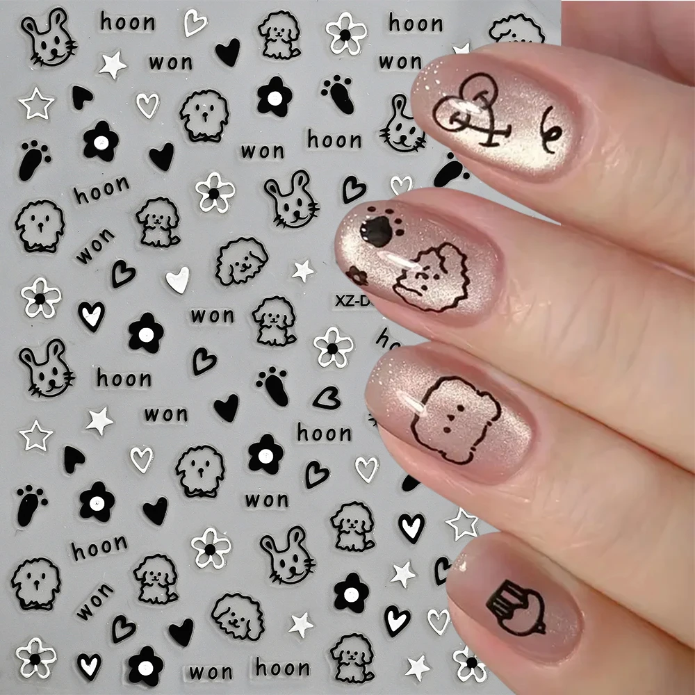 12Pcs Cartoon Black Cat Dog Nail Art Sticker Cute Graffiti Animal Cat Dog Adhesive Sliders 3D Star Heart Bowknot Manicure Decals