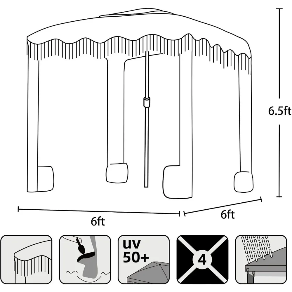 프린지 비치 카바나, 보헤미안 비치 캐노피, 술 달린 캐노피, 쉬운 설치 및 프리미엄 우드 폴, 모래 주머니가 있는 카바나 텐트, 6 '× 6'