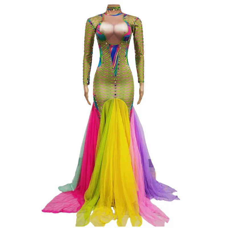 

In Stock Elegant Colorful Crystal Sequin Floor Length Maxi Dress Celebrity Singer Evening Celebration Catwalk Gown Stage Costume