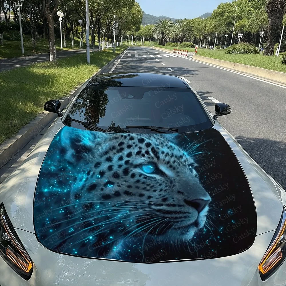 

Blue Leopard Glow Car Hood Sticker PVC Self Waterproof Stick,Striking Auto Exterior Accessories Decor Protect Gift for Car Lover
