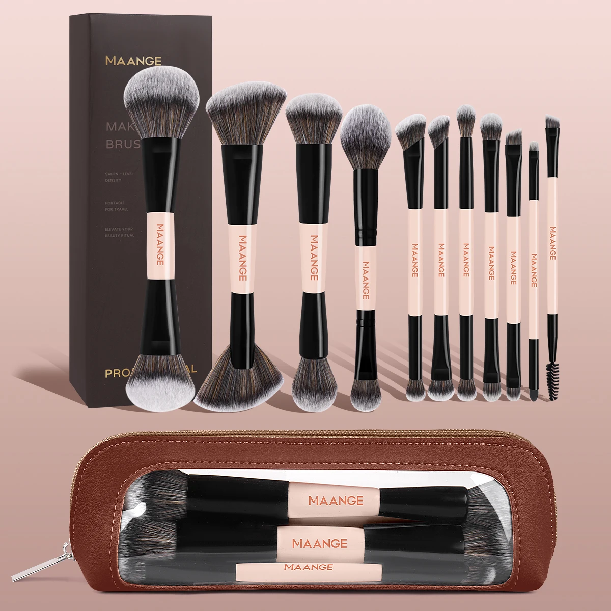 MAANGE 11 brochas de maquillaje con bolsa de almacenamiento, brocha facial multiusos, brocha para polvos, brocha para colorete en polvo, brochas para detalles de ojos