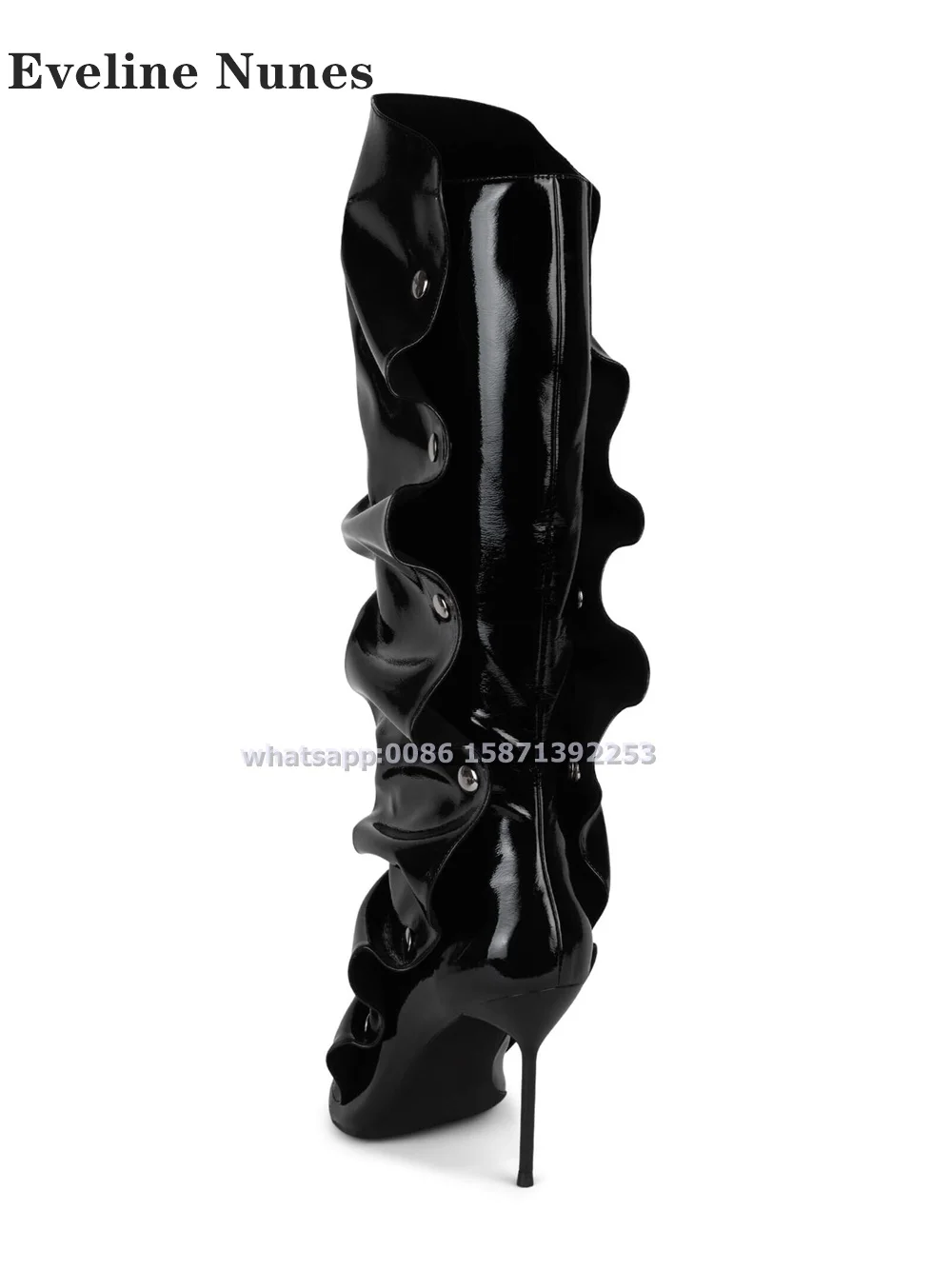 Rivet Pleated Open-Toe Slouched Knee-High Stiletto Boot Black Fold Down Crafted In Sleek Modern Boots Sexy Spicy Girl Shoes 2024