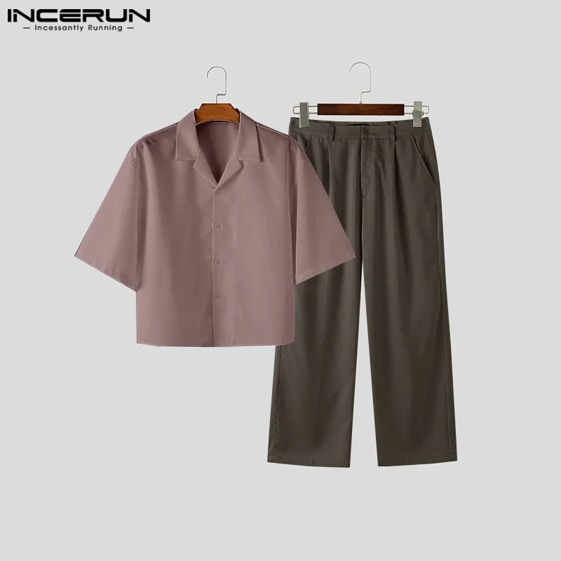 Men's Sets INCERUN Fashion Two-piece Suits Short Sleeve Shirts Long Pants Wide Leg Pant Tops Streetwear Vintage Men Casual Suits - Image 5