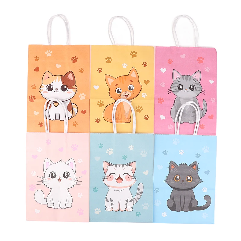 6PCS Colorful Cartoon Cat Paw Print Paper Candy Bags Gift Bags With Handles For Pet Theme Kid Birthday Party Decorations Favors