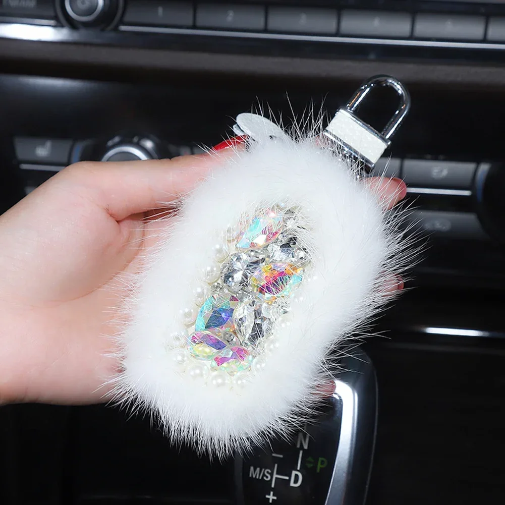 Furry Auto Car Decoration Set Rear View Mirror Cover Hanging Decoration Air Vent Storage Bag & Driver's License Bag & Key Bag