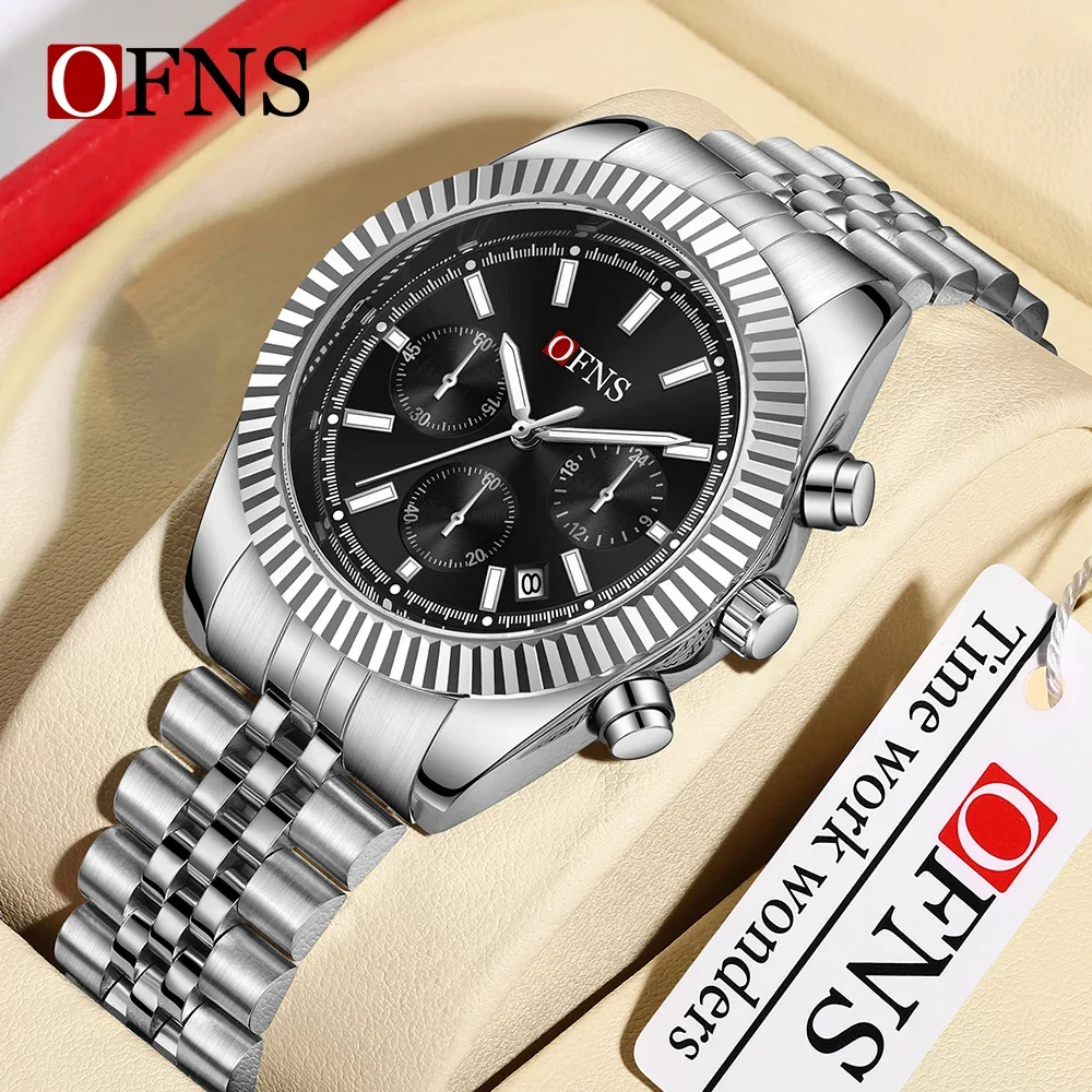 OFNS 1526 New Men's Watch Business Three Eyes Six Needle Quartz Watch Night Glow Calendar Waterproof Men's Watch