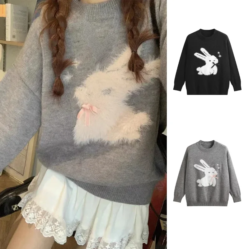 Preppy Style Sweet Bow Sweater Women Kawaii Oversized Cartoon Rabbit Knitted Pullover Autumn Winter Korean Fashion Casual Jumper