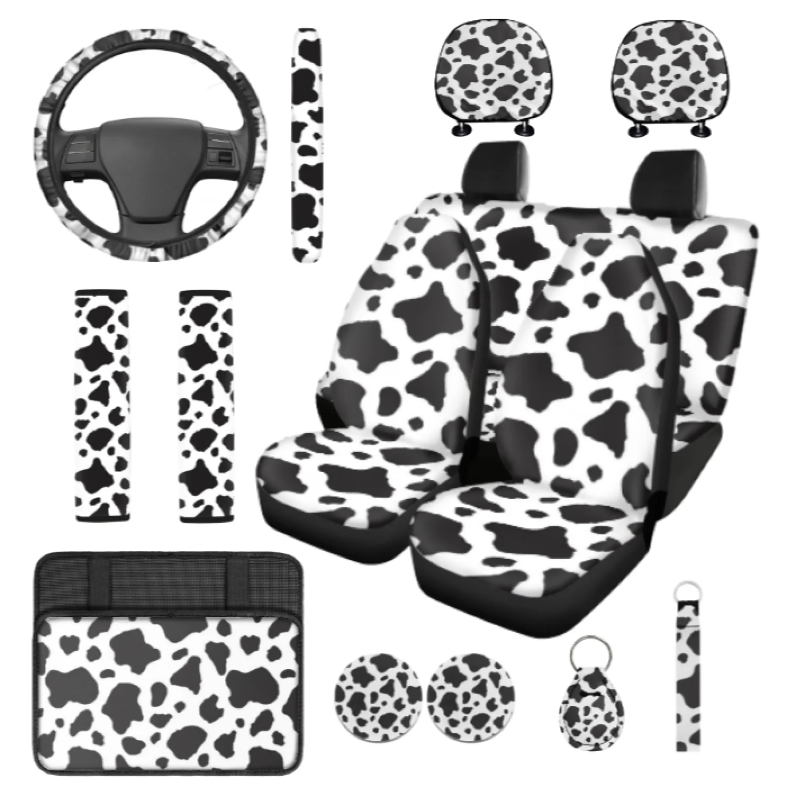 Coloranimal Cow 14 Pcs Automobile Seat Cover Sets with Soft Steering Wheel Cover and Car Safety Belt Cover for SUV