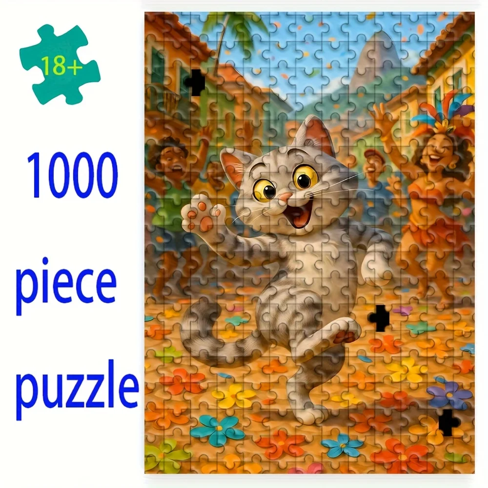 Festliches Karnevalspuzzle mit Katze in Rio-Straßenszene, Puzzle für Erwachsene, fröhliches Thema, geistiges Spiel, Heim- und Freizeitdekoration, Puzzle-Spielzeug