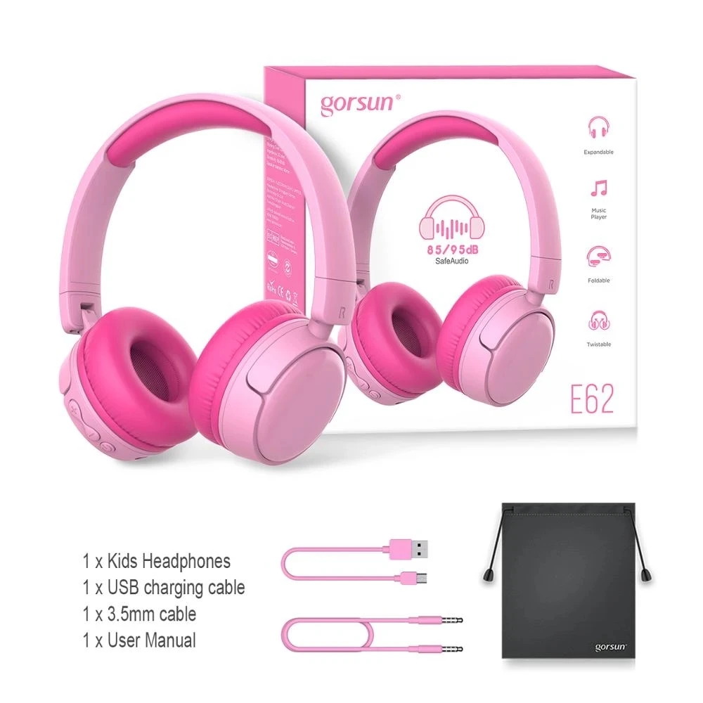 Gorsun-auriculares inalámbricos con cable para niños y niñas, audífonos plegables con Bluetooth, ajustador de volumen, Material de grado alimenticio, color rosa y azul
