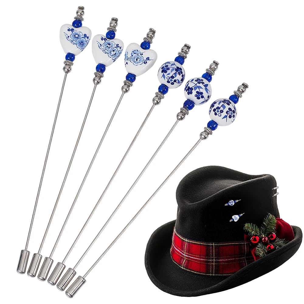 6Pcs Blue and White Porcelain Hat Pin 4.5 Inch Flower Bead Lapel Stick Pin Brass Decorative Long Needle Pins for Hat Tie Scarf