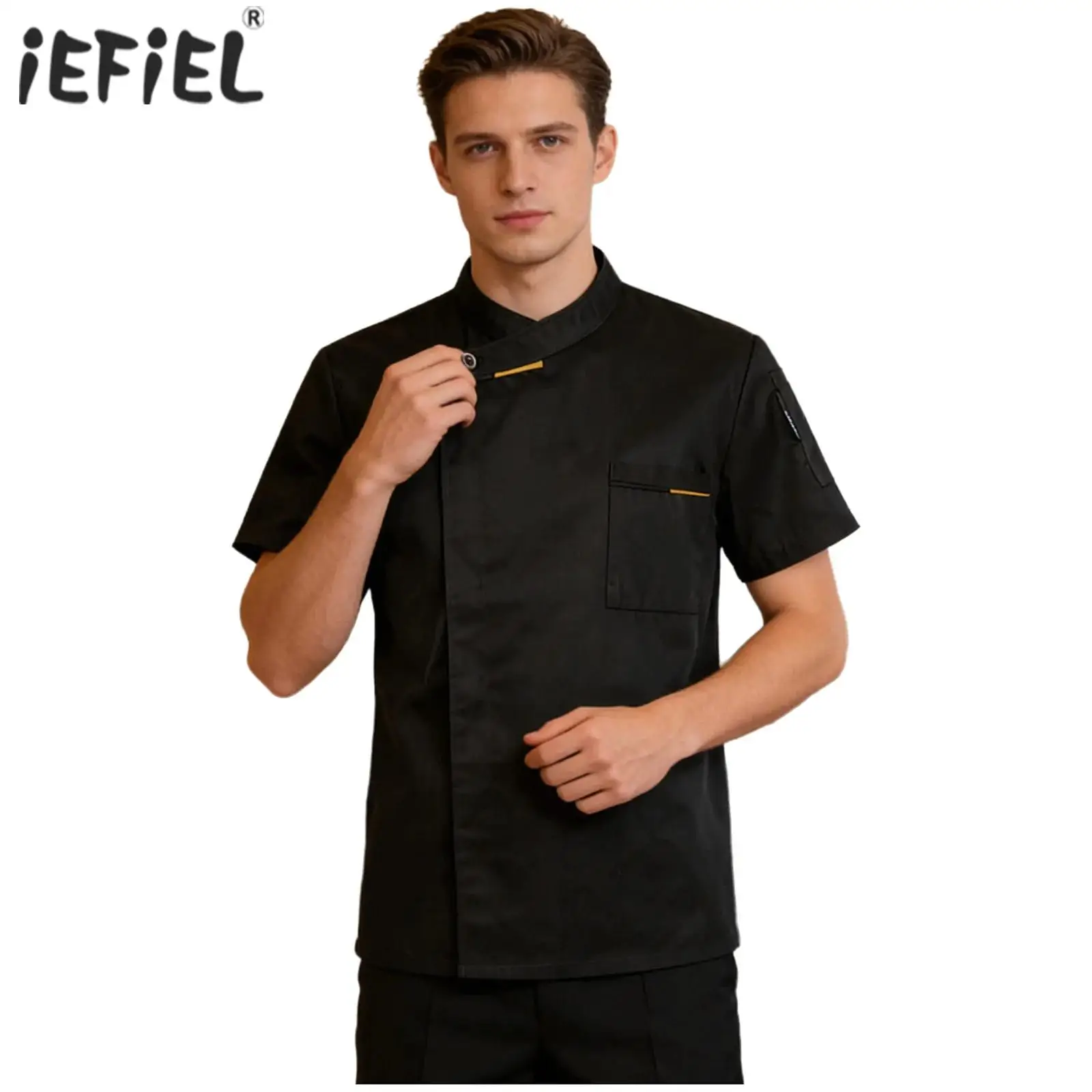 Mens Womens Cross-Over Collar Chef Tops Food Service Workwear Coat Kitchen Restaurant Hotel Unisex Cook Uniform with Pockets