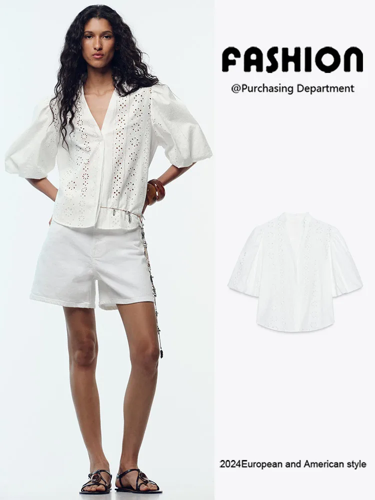

New Summer Women's Bubble Sve Hollow out Embroidery ort Sve V-Ne irt Loose Fit Commute Sle Color Single P...