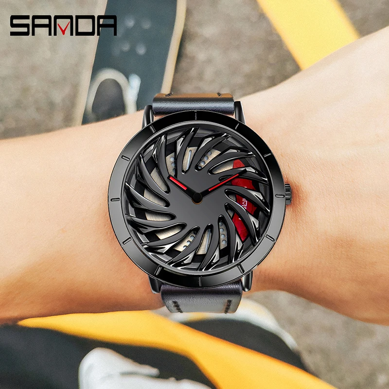 SANDA P1056 Fashion Design Watches Super Car Rim Wheel Waterproof Creative Genuine Leather Strap Men\'s Watch Relogio Masculino