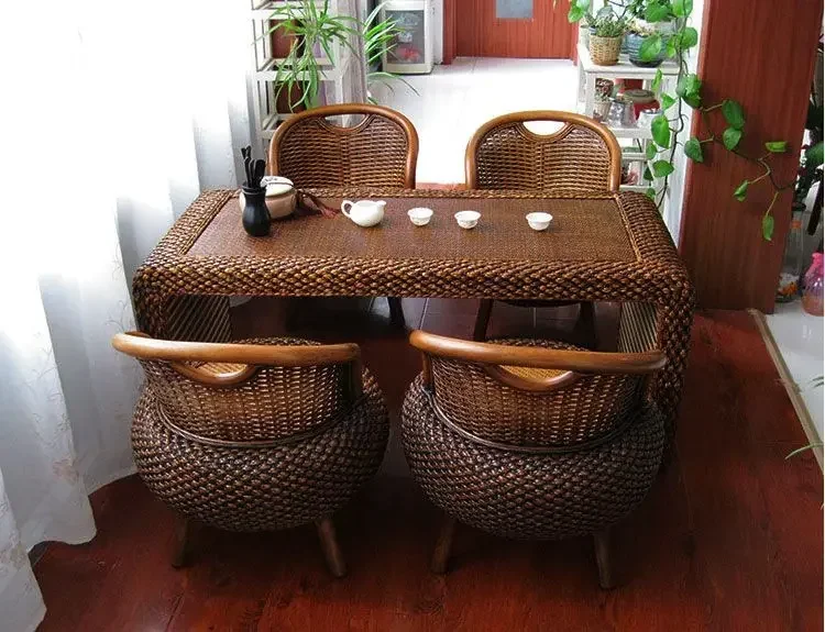 b31- simple rattan living room coffee table antique balcony tea table and chair combination straw kung fu tea table floor
