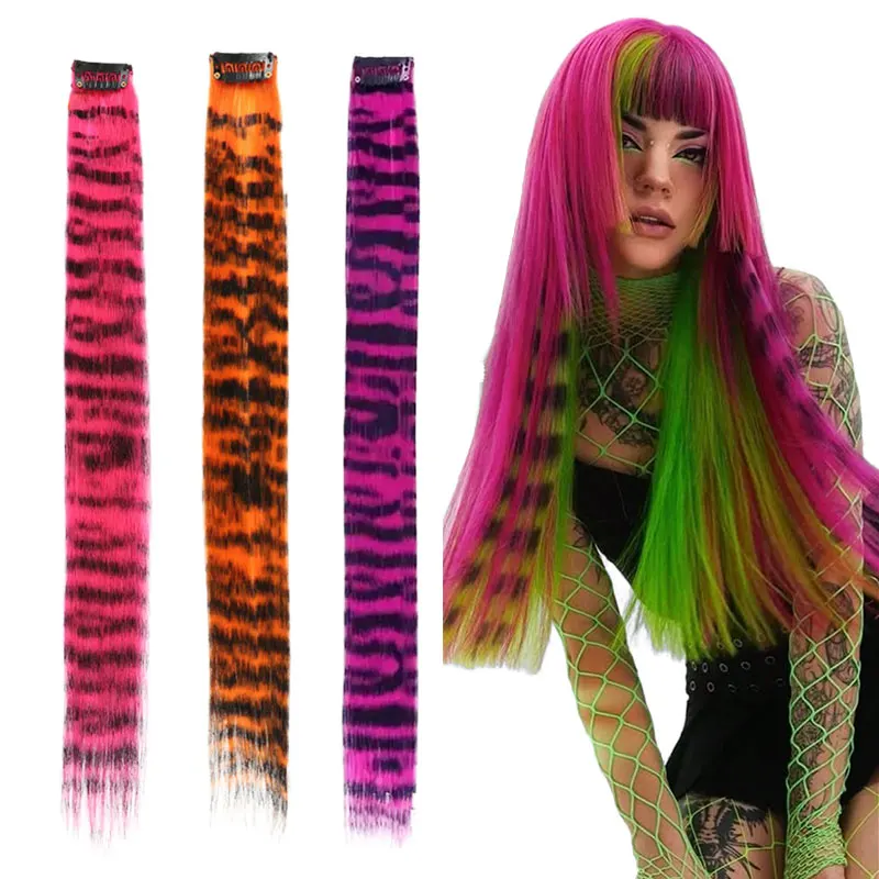 

Synthetic One Card Hair Extension Wig Hair For Women Long Straight Clip-in Colored Zebra Line Feather Hair