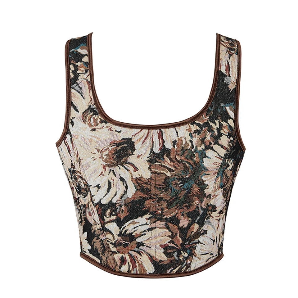 Becirzet Französisches Vintage Damenkorsett Bustier mit Blumenmuster, ärmelloses Schnür-Crop-Top, Taillenformer, Camisole – Detail 5