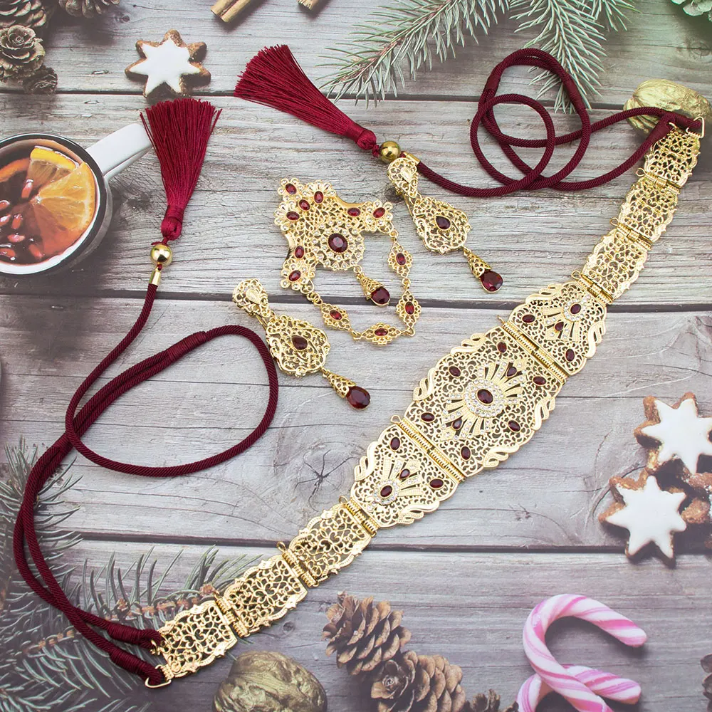 Moroccan Jewelry Sets Caftan Waist Belt Rope Tassels Chain Long Drop Earring Crystal Brooch Pins Arabic Bridal Bijoux