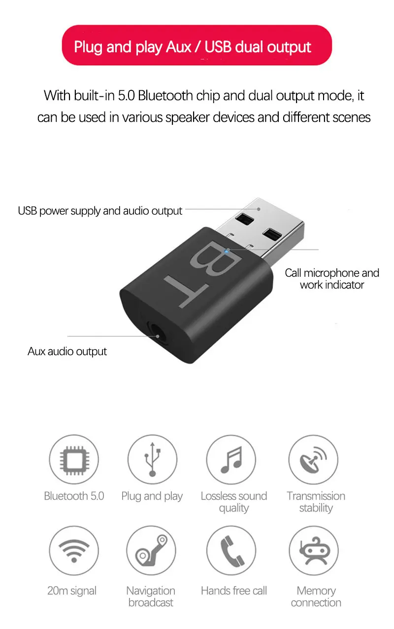 1/2 szt. Nadajnik-odbiornik Bluetooth 5.0 + transmisja EDR/odbiór dwa w jednym Adapter Bluetooth 5.0 USB 3,5 mm adapter AUX samochód