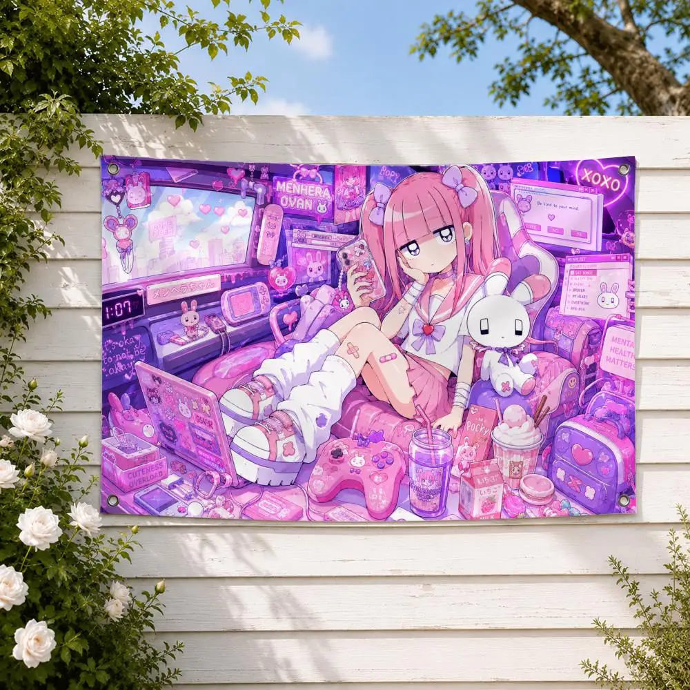 Character Menhera Chan Flags decor flag banner,wall hanging flag,indoor outdoor wall decor,yard garden porch patio