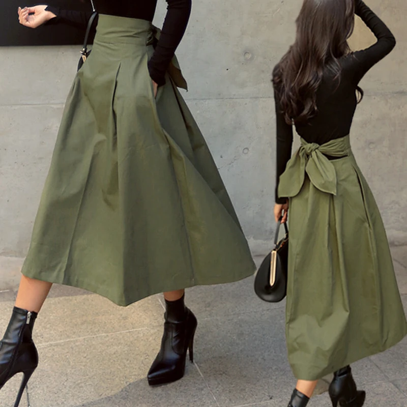 

2024 New Autumn Black Womens Korean Fashion Solid Color Big Swing Female Long Skirt Wild High Waist Bow Slim Skirts