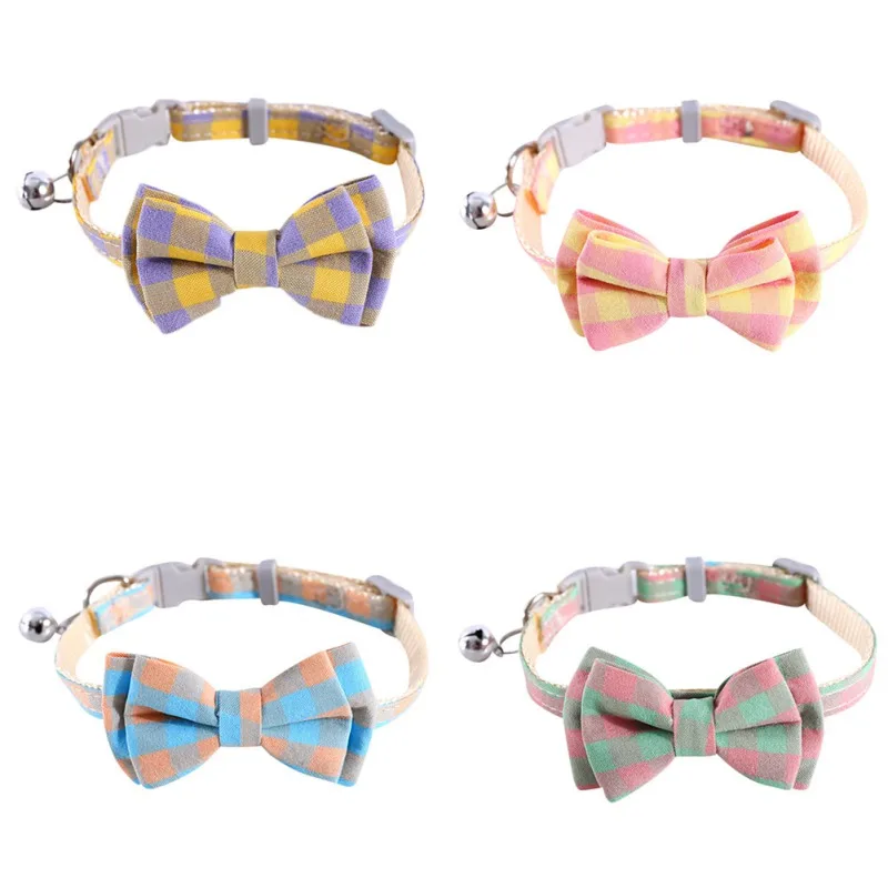 Cute Pet Plaid Cat Collars With Bells Soft Comfortable Adjustable Kitten Bow Tie Chihuahua Bowknot Puppy Collar Cat Accessories