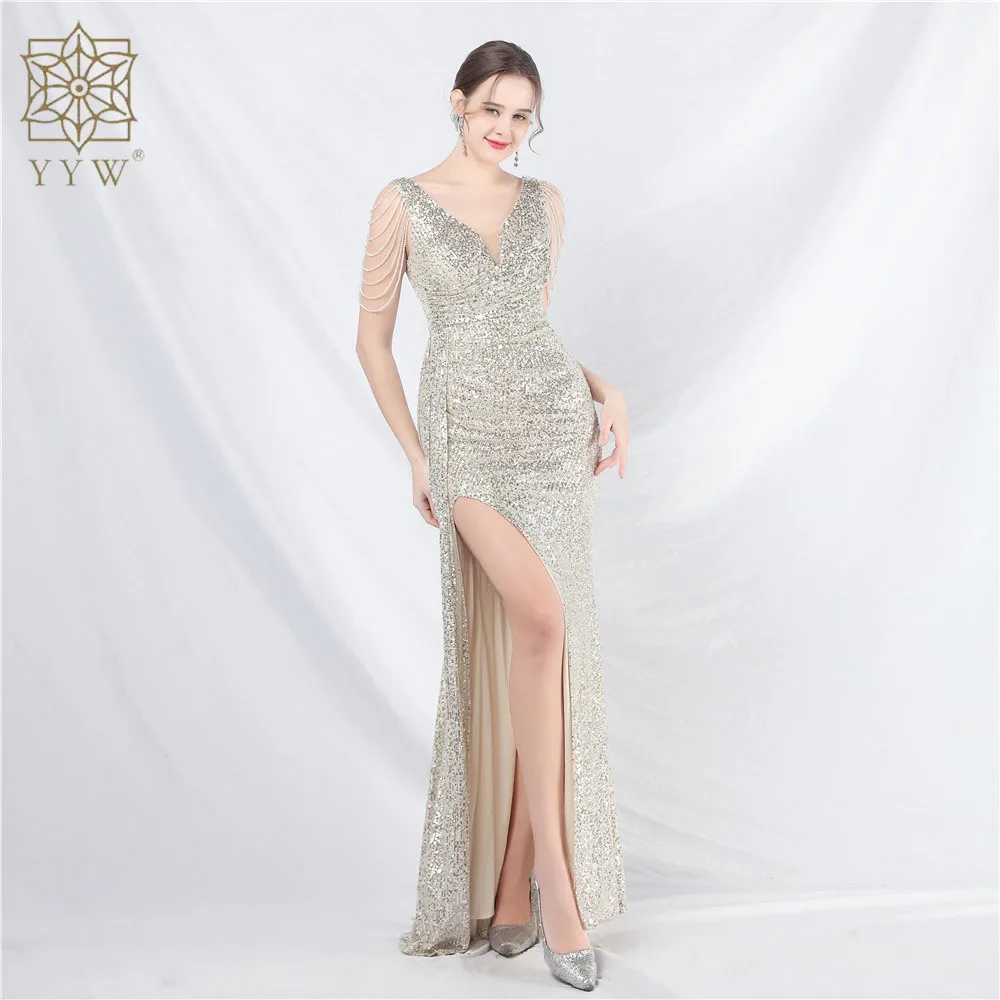 Elegant V Neck Mermaid Evening Dress Long Luxury Beads Women Evening Party Dresses 2024 New Formal Dress Sequin Slim Side Slit