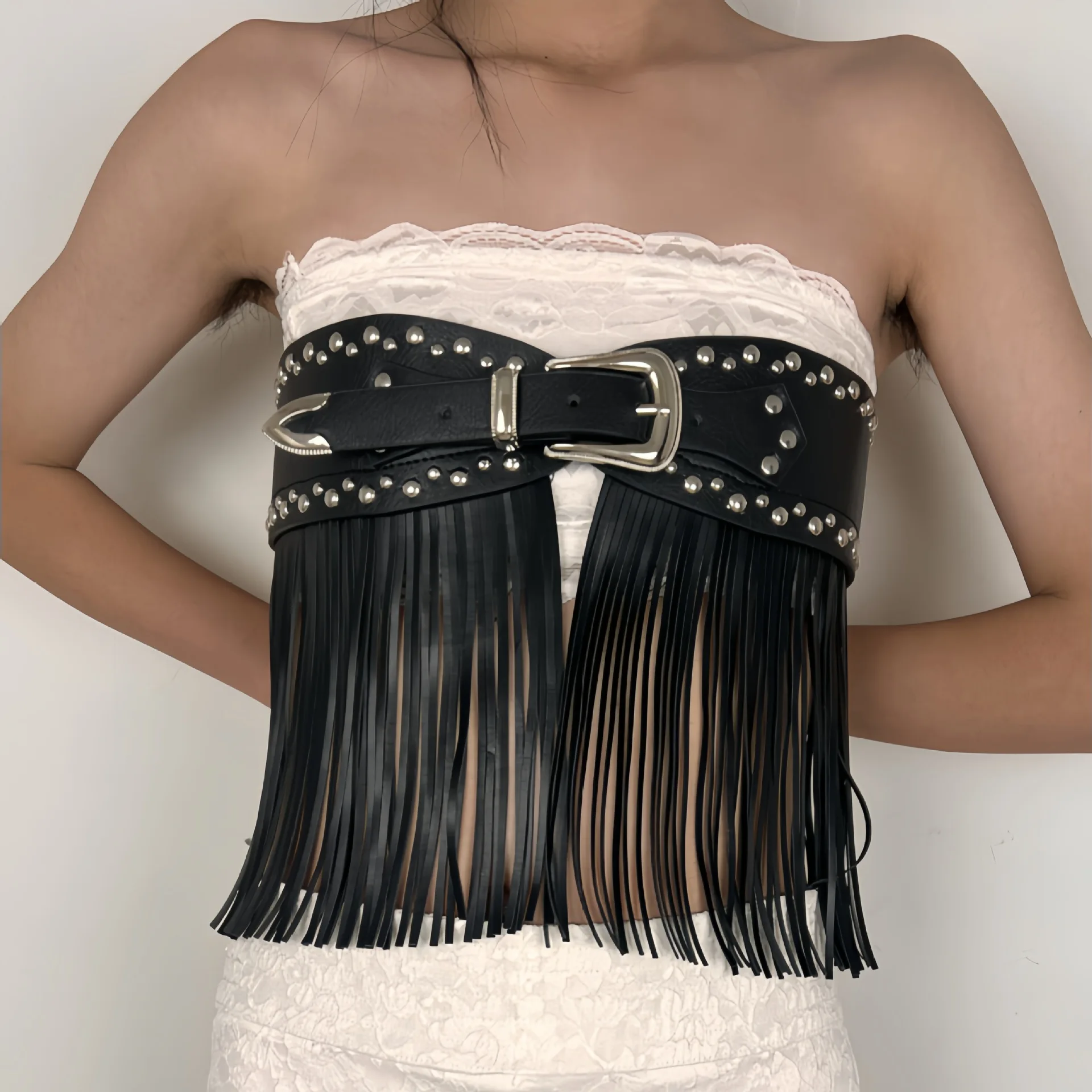 This Y2K dark retro-style multi-functional fashion studded tassel belt is perfect for pairing with dresses and jeans.